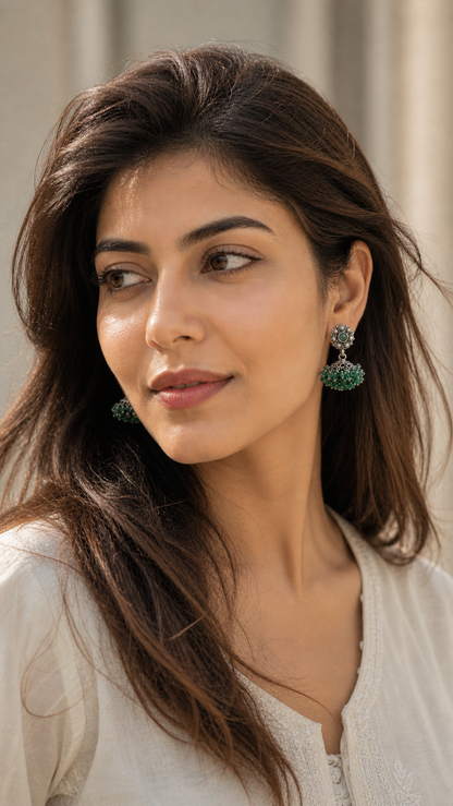 SILVER OXIDISED GREEN STONE EARRINGS