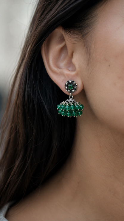 SILVER OXIDISED GREEN STONE EARRINGS