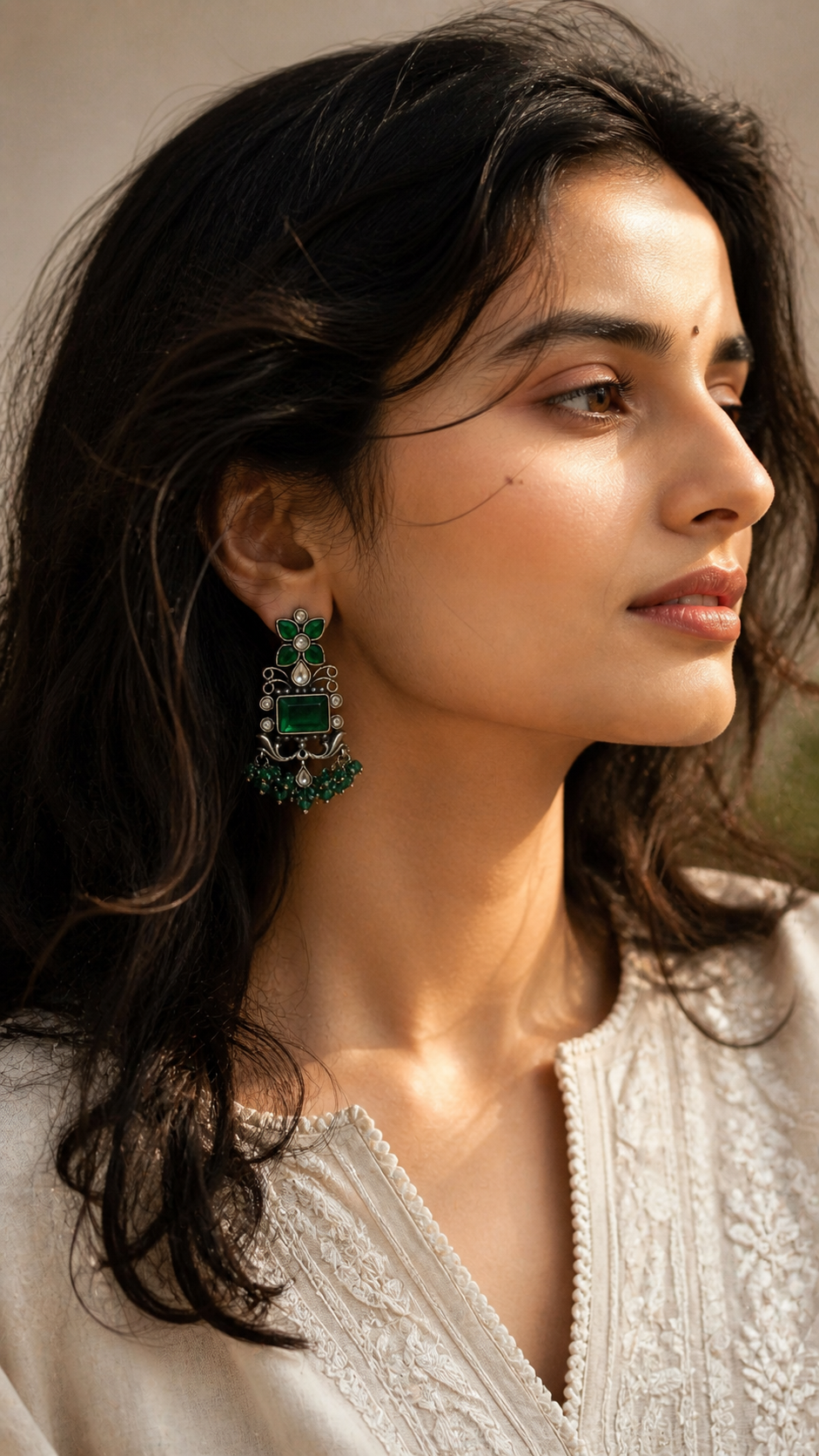 SILVER OXIDISED GREEN STONE EARINGS