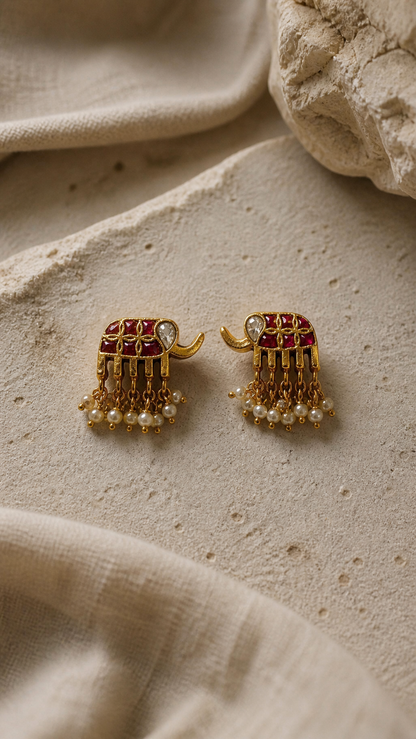 SILVER GOLD POLISH KUNDAN RED AND WHITE STONE EARRINGS