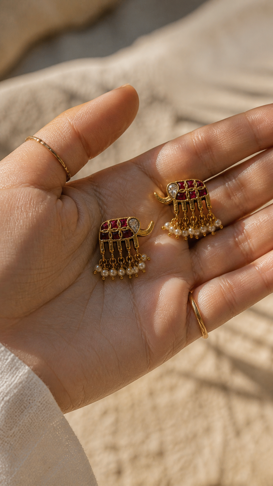 SILVER GOLD POLISH KUNDAN RED AND WHITE STONE EARRINGS