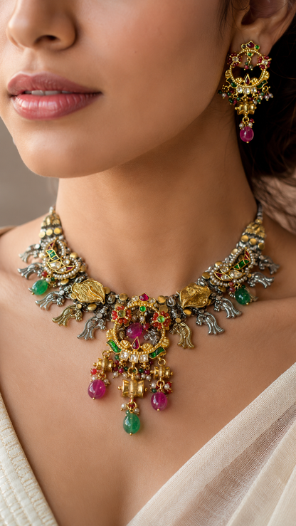 SILVER DUAL TONE POLISH RED, GREEN STONE NECKLACE SET