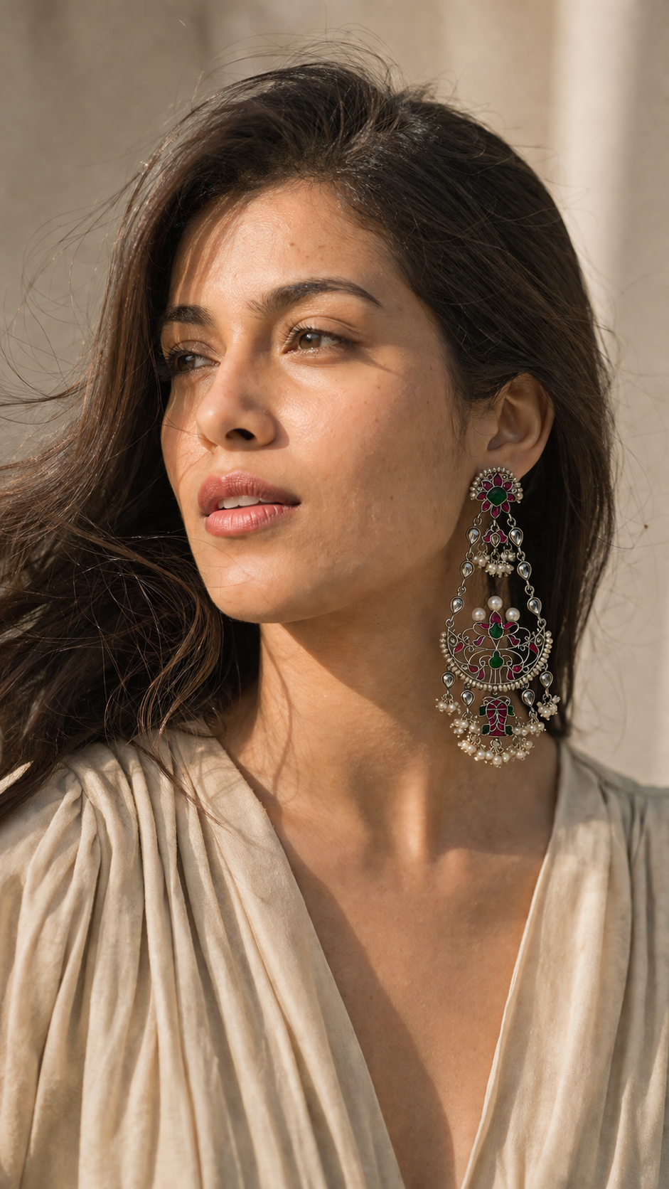 SILVER KUNDAN WHITE, RED & GREEN STONE EARRINGS