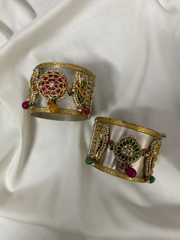 SILVER DUAL TONE POLISH RED, GREEN, CORAL, YELLOW, WHITE STONE BANGLE